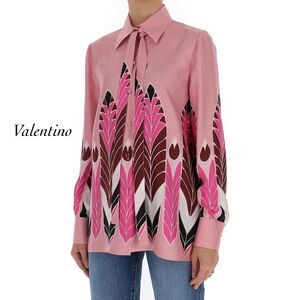Valentino Camicia Pink Feather Long Sleeve Tie Neck Silk Blouse NWT Size 46 EU